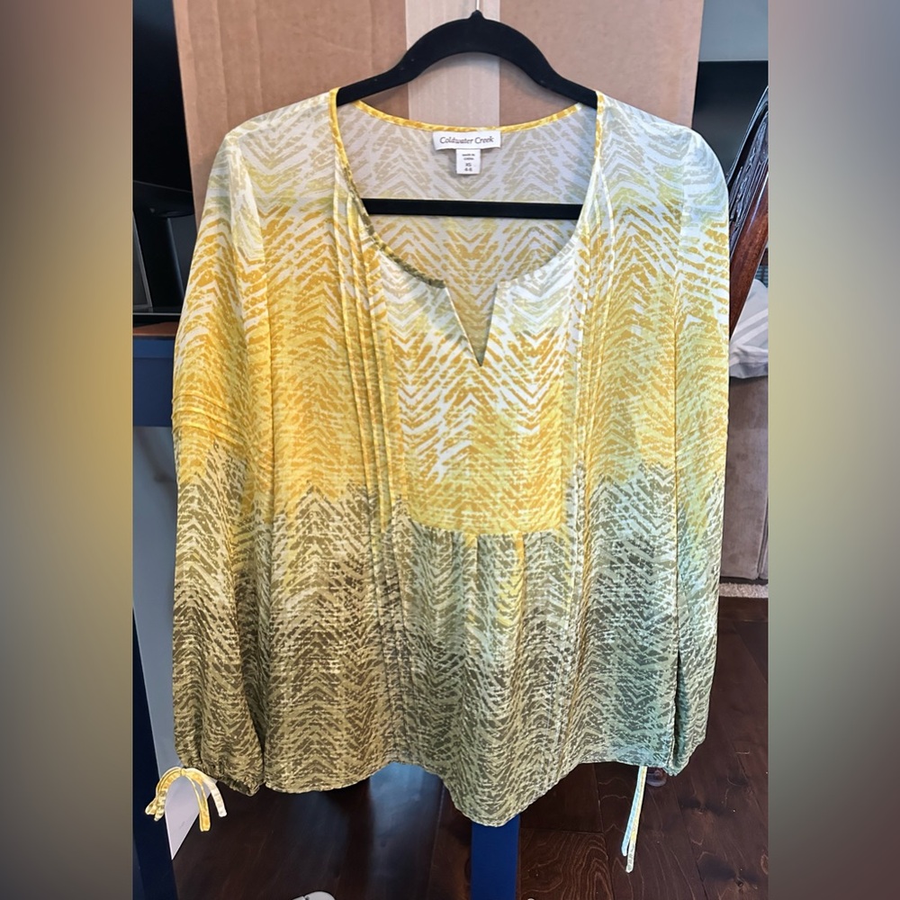 💛 Coldwater Creek Yellow Green Ombre Sheer Boho Peasant Blouse XS